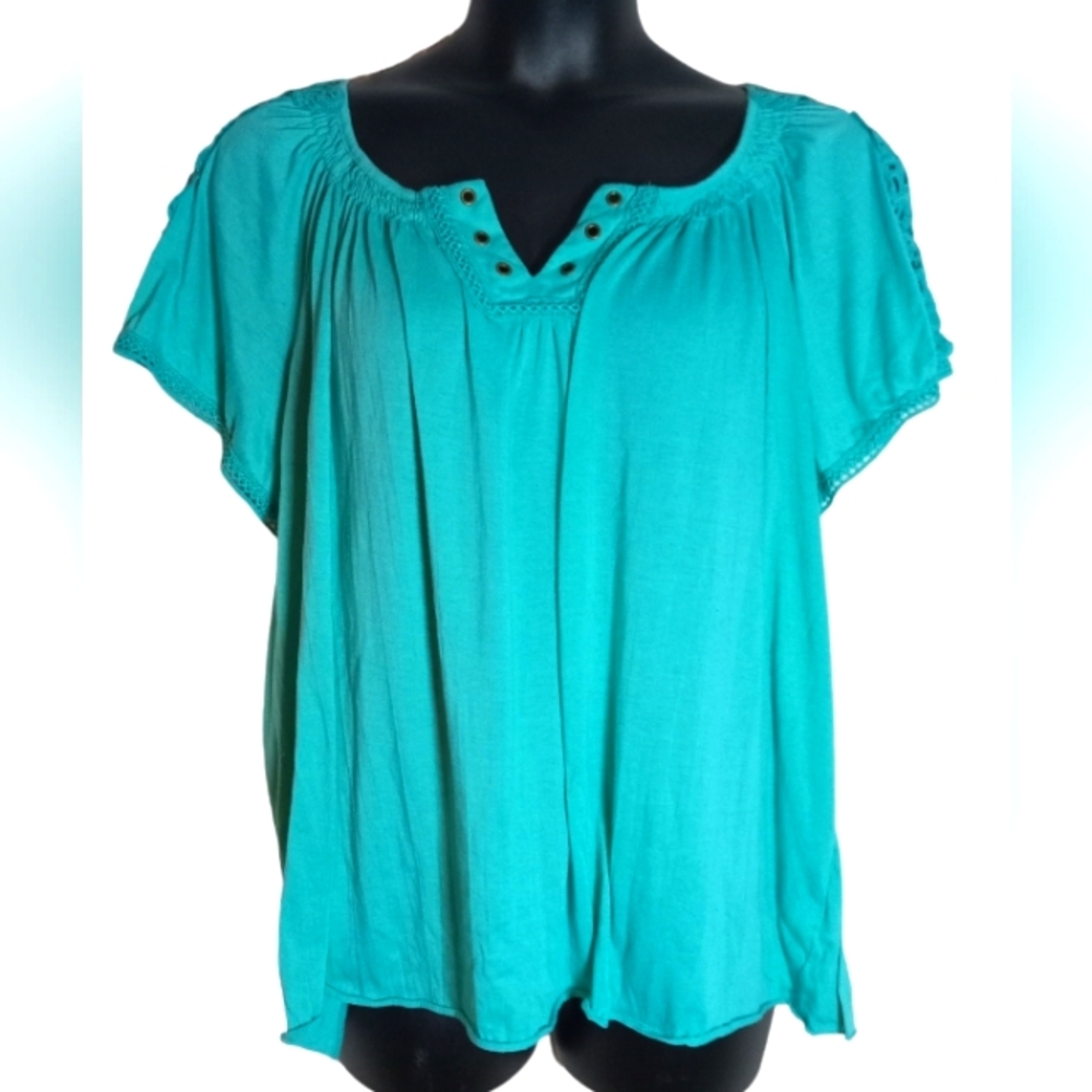 FRENCH LAUNDRY | TURQUOISE AQUA BLUE V-NECK PEASANT TOP | 2X